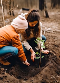 In a beautiful outdoor setting, a woman and a child are joyfully planting a young tree in the rich, nutritious dirt of the earth
