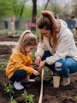 In a beautiful outdoor setting, a woman and a child are joyfully planting a young tree in the rich, nutritious dirt of the earth