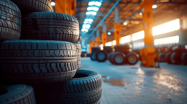 A sizable collection of tires is carefully stacked one on top of another in an organized manner, showcasing their unique shapes and textures