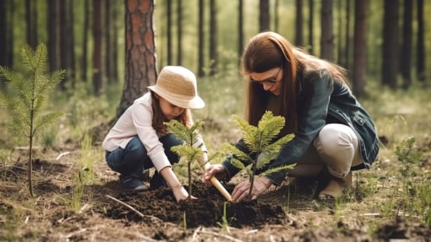In a beautiful outdoor setting, a woman and a child are joyfully planting a young tree in the rich, nutritious dirt of the earth