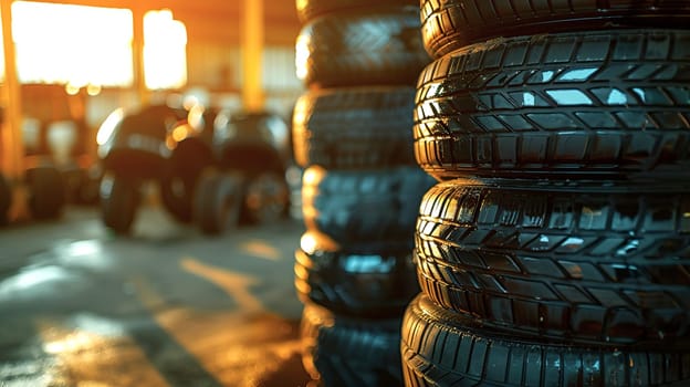 A sizable collection of tires is carefully stacked one on top of another in an organized manner, showcasing their unique shapes and textures