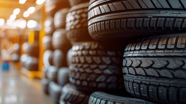 A sizable collection of tires is carefully stacked one on top of another in an organized manner, showcasing their unique shapes and textures