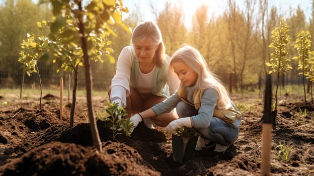 In a beautiful outdoor setting, a woman and a child are joyfully planting a young tree in the rich, nutritious dirt of the earth