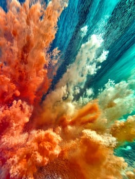 Dynamic abstract artwork featuring a vibrant explosion of colorful flames and clouds. The image showcases a stunning interplay of orange, red, and teal hues with a sense of movement.