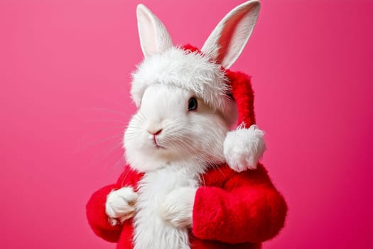 Adorable white rabbit wearing a festive Santa suit, creating a playful holiday theme against a vibrant pink background, evoking feelings of joy and Christmas spirit.