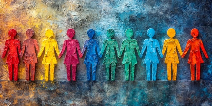 A colorful depiction of diverse human figures holding hands, symbolizing unity and diversity. This vibrant artwork illustrates inclusion, community, and connection through a spectrum of colors