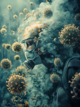 A person wearing a gas mask is enveloped in a cloud of smoke, surrounded by floating virus particles. This surreal image represents the themes of protection, health, and the unseen dangers around us.