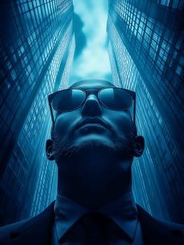 A confident businessman in a suit, viewed from below, gazes upward between two towering skyscrapers. The blue tones create a modern, futuristic urban atmosphere. Perfect for themes of ambition and success.