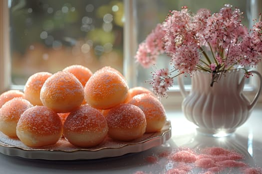 This display features sweet buns artistically arranged with vibrant flowers, perfect for any celebration