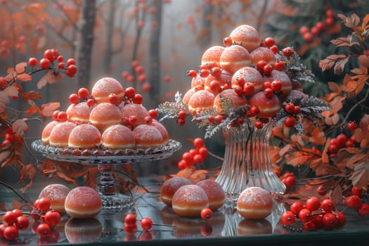 A delightful arrangement of exquisite pastries adorned with fresh berries and colorful leaves, a perfect centerpiece