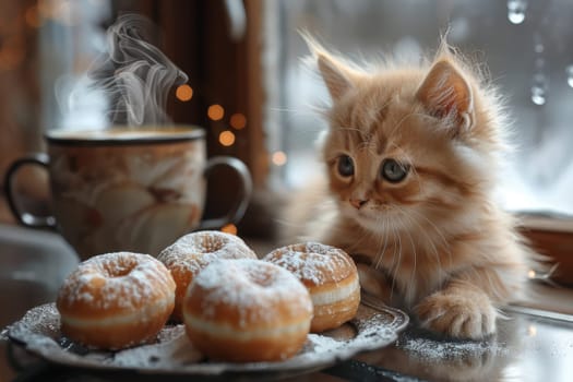 A delightful and charming winter setting showcases a curious little kitten alongside an array of delicious donuts