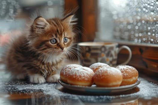 On a cozy rainy day, a playful kitten sweetly gazes at the tempting powdered donuts displayed nearby