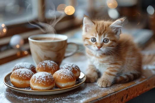 A charming scene shows a playful kitten sitting next to delicious donuts and a warm cup of aromatic coffee