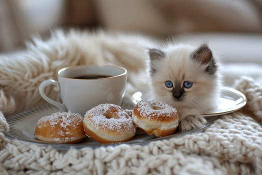 A fluffy little kitten sits happily beside some delicious donuts and a steaming cup of coffee on a cozy blanket