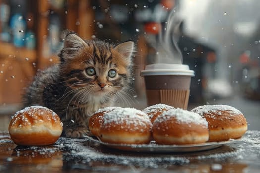 A playful kitten curled up next to delicious donuts and a steaming coffee, perfect for cozy vibes at home