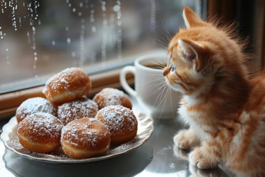 A playful little kitten curiously gazes at a tempting plate of powdered sugar donuts by a rainy window pane