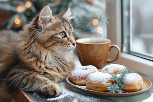 A serene and fluffy cat gazes thoughtfully out the window, enjoying a cozy moment with rich coffee and sweet donuts