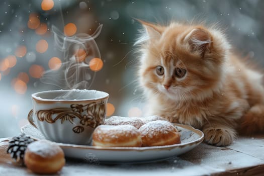 A fluffy ginger kitten curiously gazes at a steaming cup of coffee next to sweet doughnuts, creating winter vibes