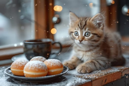 A charming kitten settled comfortably by an assortment of sweets, creating an inviting cozy winter atmosphere