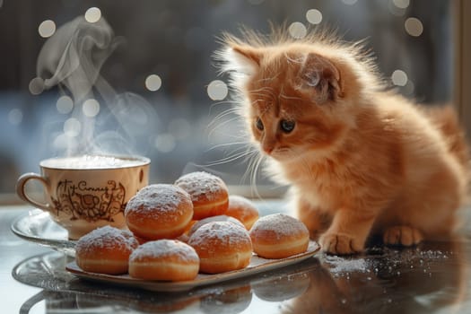 A curious little kitten plays and admires the deliciouslooking pastries and a steaming cup, ideal for cozy moments