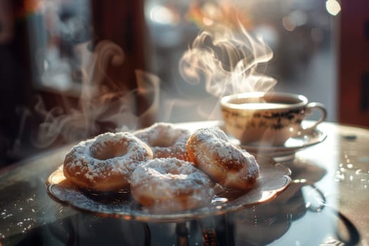 Indulge in warm donuts generously dusted with sugar, perfectly complemented by steaming hot coffee in a cozy setting
