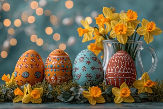 Vibrant Easter eggs adorned with beautiful daffodils, perfect for joyful spring celebrations and festive decor