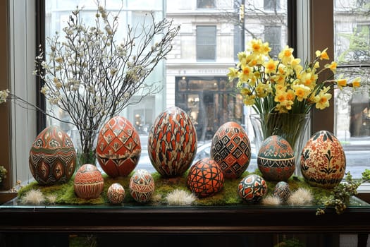 A beautifully stunning display of vibrant, colorful Easter eggs adorned with various flowers and branches