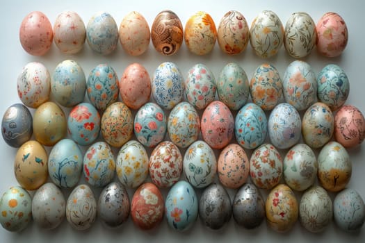A vibrant and colorful array of beautifully decorated eggs that are perfect for Easter or springtime festivities