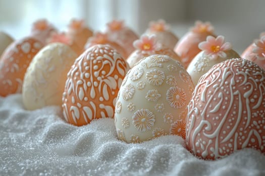 Beautifully crafted pastel Easter eggs that feature intricate designs and patterns on a soft, inviting texture