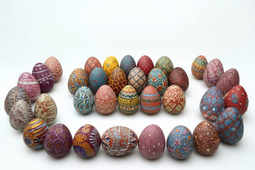 A beautiful collection of hand-painted Easter eggs displayed in vibrant colors and intricate designs.