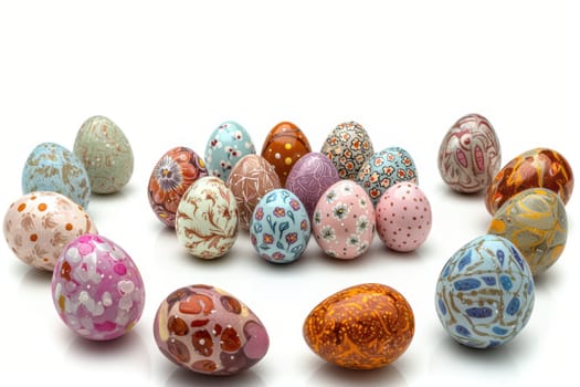 A vibrant collection of decorative Easter eggs in various colors and patterns, perfect for seasonal decor.