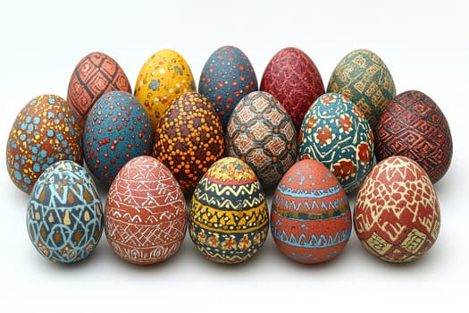 A vibrant collection of intricately decorated Easter eggs that beautifully showcase a variety of artistic designs