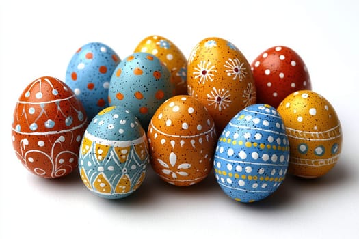A vibrant and colorful assortment of intricately painted Easter eggs showcasing various beautiful colors