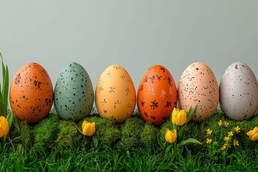 Brightly colored speckled eggs are beautifully arranged in a grassy setting, ideal for celebrating Easter