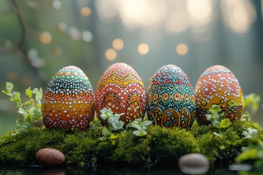 A collection of colorful decorative Easter eggs beautifully resting atop lush green moss in a serene forest setting