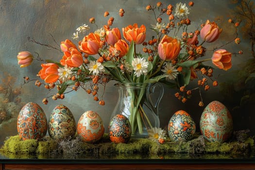 Enjoy a vibrant display of colorful tulips and decorated eggs celebrating spring and Easter festivities