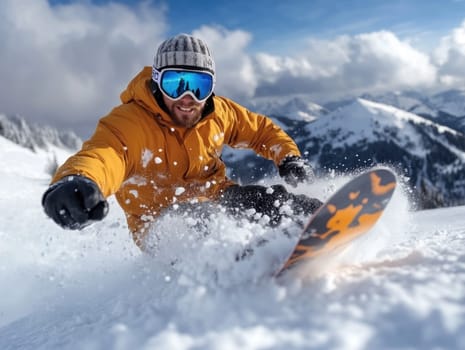 Winter thrill: snowboarder navigating snowy slopes of winter mountains, showcasing skill, adrenaline while enjoying breathtaking scenery and vibrant atmosphere of a snowy adventure