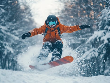 Mountain descent: snowboarder carving through fresh powder in winter mountains, capturing essence of outdoor sports and exhilaration of gliding down pristine slopes under sky