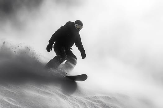 Mountain descent: snowboarder carving through fresh powder in winter mountains, capturing essence of outdoor sports and exhilaration of gliding down pristine slopes under sky