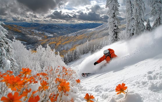 Winter thrill: snowboarder navigating snowy slopes of winter mountains, showcasing skill, adrenaline while enjoying breathtaking scenery and vibrant atmosphere of a snowy adventure
