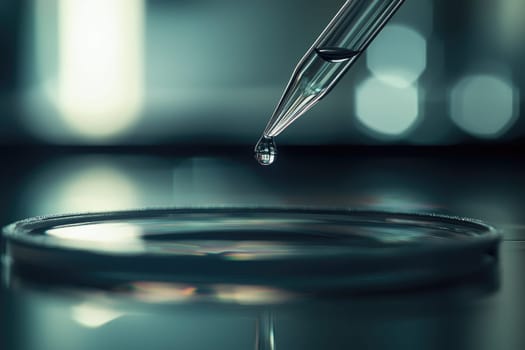 A droplet of water is falling into a glass slide. Concept of curiosity and wonder, as the viewer is left to imagine what the water might be used for in a scientific experiment