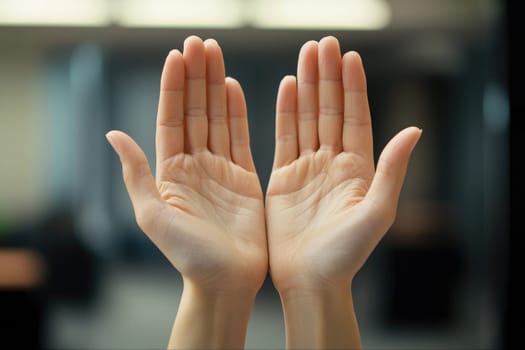 Two hands are open and facing each other, with fingers spread wide. Concept of connection and unity between the two hands