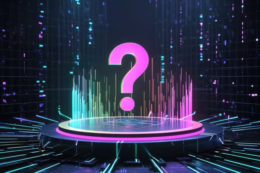 A colorful, neon sign with a question mark in the middle. The sign is surrounded by a series of colorful lines, creating a futuristic, otherworldly atmosphere. The question mark is large and bold