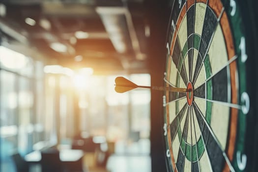 A dart is in the air, and the image has a mood of excitement and anticipation. The scene is set in a room with a large window, and the sunlight is shining on the dartboard