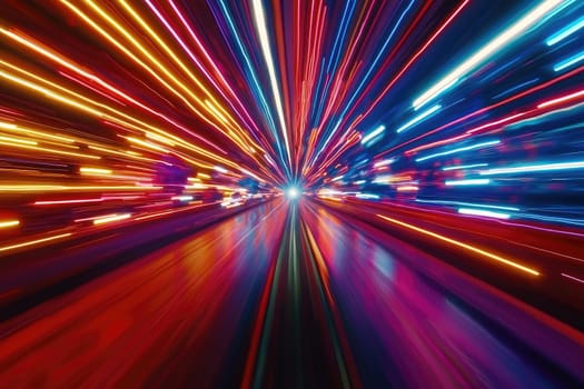A colorful, blurry image of a city street with cars and a bright light. Concept of motion and energy, as if the viewer is looking through a fast-moving camera lens
