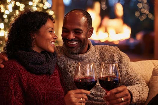 A man and woman are sitting on a couch, holding wine glasses and smiling. Scene is happy and relaxed