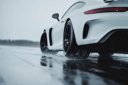 Cautious drive: vehicle carefully maneuvers on a slick road, illustrating the significance of maintaining control and awareness in adverse weather conditions to ensure safety and prevent accidents
