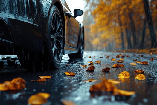Cautious drive: vehicle carefully maneuvers on a slick road, illustrating the significance of maintaining control and awareness in adverse weather conditions to ensure safety and prevent accidents