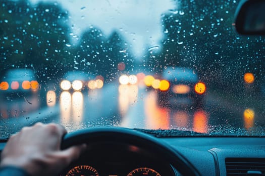 Safe journey: vehicle cautiously navigating a damp roadway, emphasizing the importance of driving safety and vehicle control on slippery surfaces while adapting to challenging wet road conditions