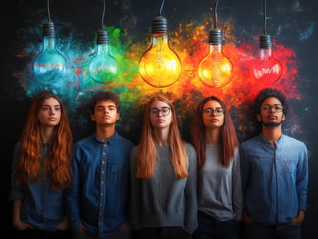 A group of people are standing in front of a wall with colorful lights hanging from the ceiling. The lights are in different colors, creating a vibrant and energetic atmosphere